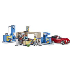 Stazione di servizio Bruder con auto e 2 figure, Bruder