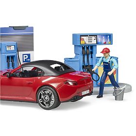 Stazione di servizio Bruder con auto e 2 figure, Bruder