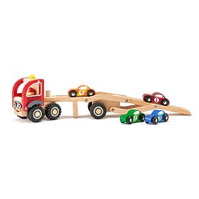 Trasportatore in legno con 4 macchinine da corsa