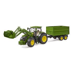 Trattore Bruder John Deere 7R 350 con caricatore frontale e rimorchio tandem