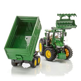 Trattore Bruder John Deere 7R 350 con caricatore frontale e rimorchio tandem